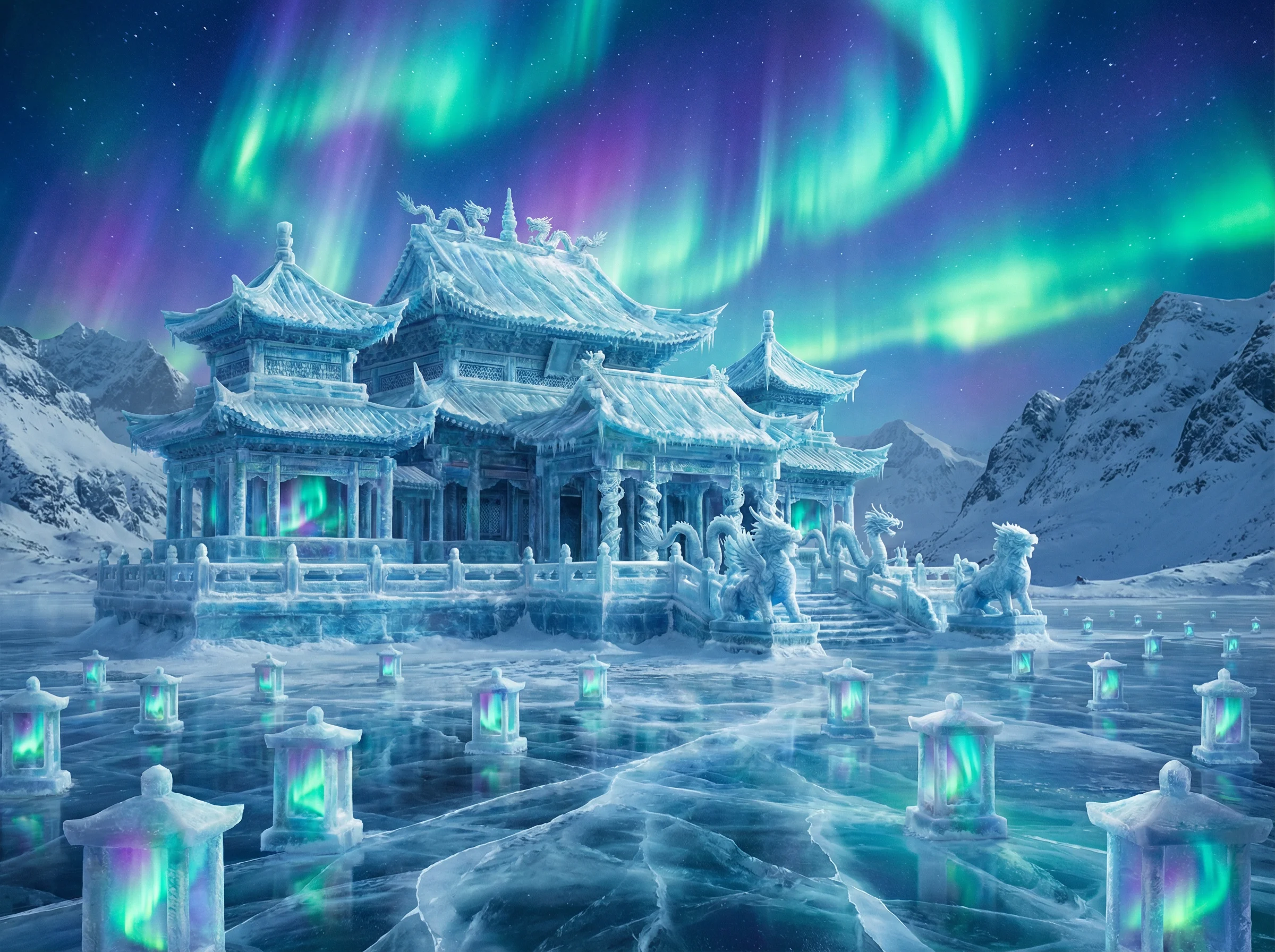 PG电子BBIN东方神力游戏中的东方冰晶宫殿与巨龙